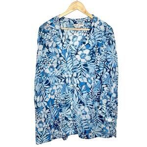 Sheer Tropical Floral Top Blue Womens Size 1X Cathy Daniels Resort